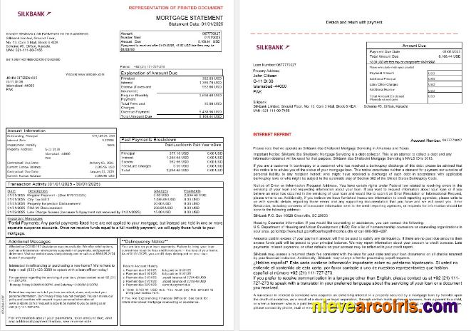 Pakistan Silkbank mortgage statement, 3 pages 1-2